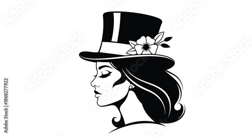 Profile silhouette of a beautiful woman wearing a classic black top hat decorated with a flower and green leaves.