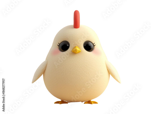 A cute 3d cartoon illustration of a funny yellow baby chick with a white egg isolated on a farm background