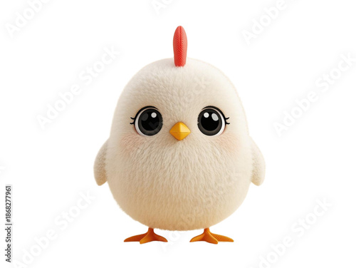 A cute 3d cartoon illustration of a funny yellow baby chick with a white egg isolated on a farm background