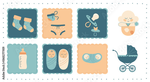 Cute baby shower themed set of illustrations featuring infant clothing accessories swaddled twins and a carriage in soft pastel colors.
