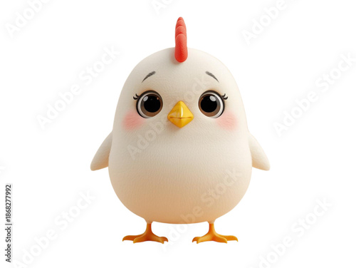 A cute 3d cartoon illustration of a funny yellow baby chick with a white egg isolated on a farm background