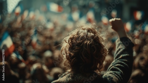 Modern Protest Scene with Raised Fist and French Flags in Crowd