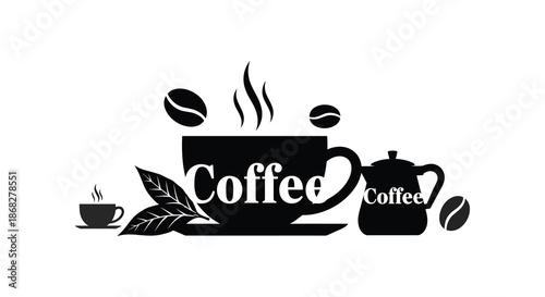 Black and white illustration of coffee beans a cup and the word coffee