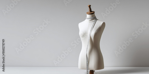 A dress form with measuring tape and wooden stand, against a plain background. It's used by fashion designers to fit garments.