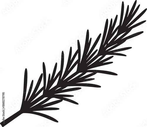 A hand-drawn black silhouette of a fragrant rosemary sprig on a white background