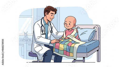 Doctor comforting child patient in hospital bed illustration of care and medical support concept of hope and healing