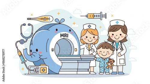 Cute elephant MRI machine with doctors and child medical illustration for pediatric healthcare and hospital services cartoo