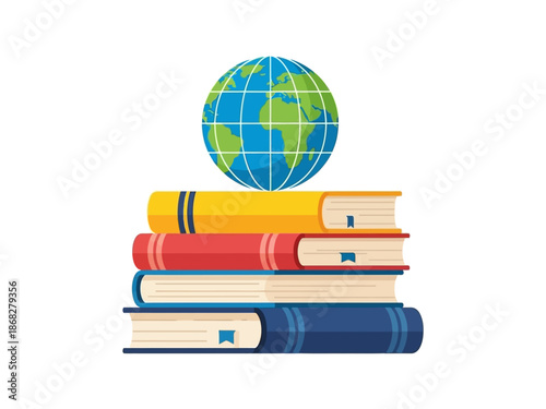 Stack of colorful books with a globe on top against a white background