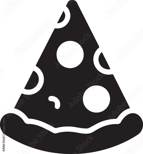 Simple black and white icon of a delicious pizza slice with toppings and crust