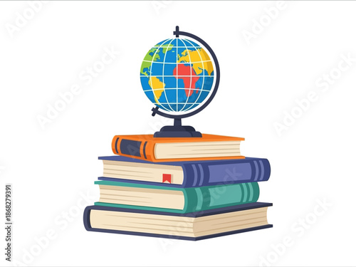 A stack of books with a globe on top, representing education and global knowledge