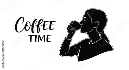 A woman enjoying a warm drink with elegant coffee lettering design