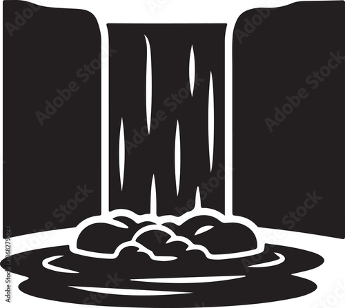 Simple graphic illustration of a majestic waterfall cascading into a serene pool below