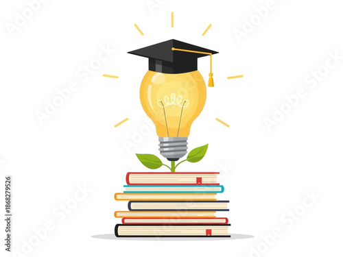 A stack of books topped with a graduate cap and a glowing lightbulb surrounded by rays of light