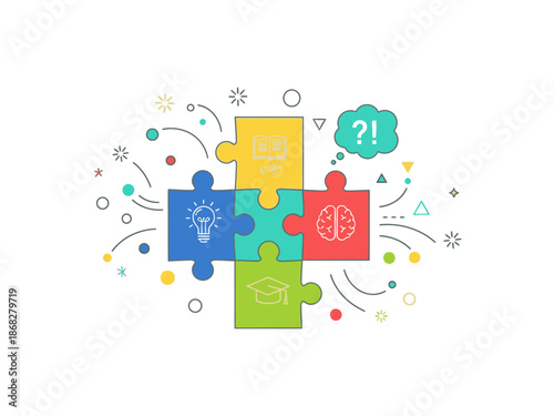 Interconnected puzzle pieces representing creativity and problem-solving surrounded by abstract shapes and symbols