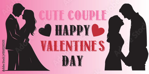 a romantic depiction of a couple embracing with valentine s day messaging and heart motifs on a vibrant pink background