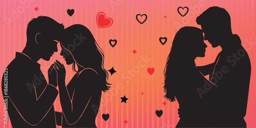 a silhouetted depiction of a couple embracing tenderly surrounded by floating hearts and a vibrant pink striped background evoking romance
