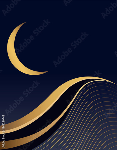 Elegant golden crescent moon over abstract dark waves