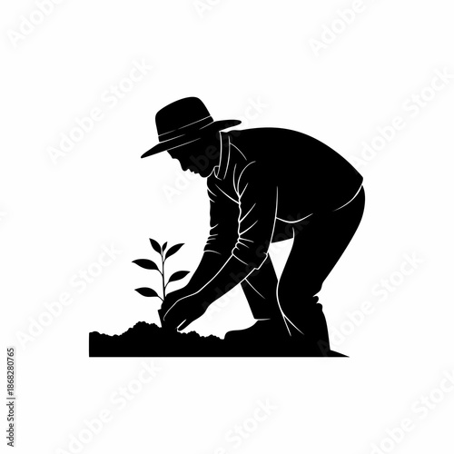 vector silhouette of people planting tree seedlings for greening on white background.