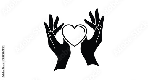 Two hands gently cradling a heart shape in a minimalist black and white design