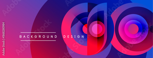 Abstract vibrant background features overlapping circles, gradients. Pink, purple, blue hues create dynamic visual effect. Text labels design elements.