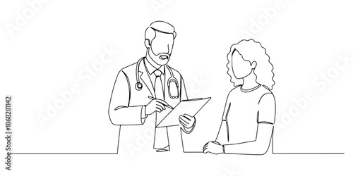 Continuous one line of a doctor reviewing results with a patient, representing medical guidance, drawn vector illustration.