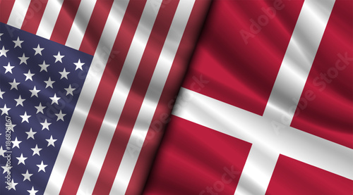 Vector wavy national flags of United States of America and Denmark. Relations between countries. American and Danish banner.