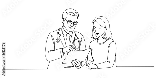 Continuous one line of a doctor reviewing results with a patient, representing medical guidance, drawn vector illustration.