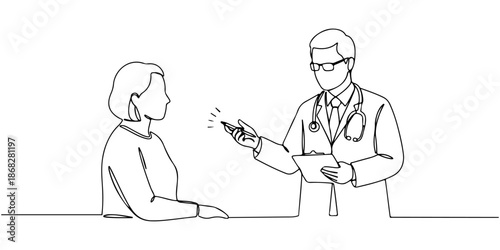 Continuous one line of a patient listening while the doctor explains, symbolizing understanding, drawn vector illustration.