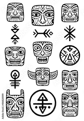 Hand drawn black ink collection of Polynesian tribal tiki masks and ancient geometric spiritual symbols with rough textured edges on white