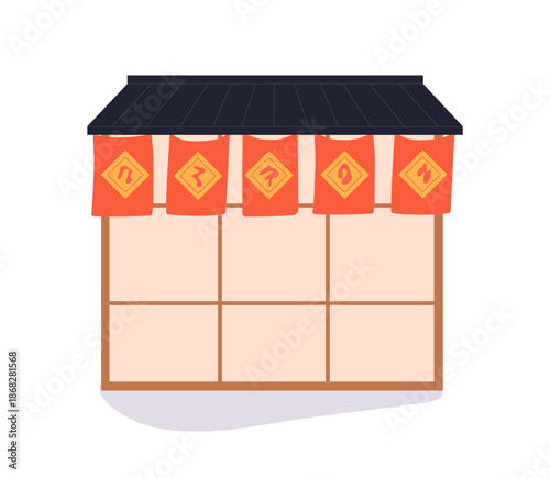 Building facade in asian style. Chinese exterior with festive red banners, ha...