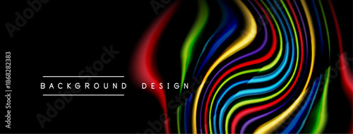 Abstract colorful lines swirl against black backdrop. Text reads background design. Vibrant, modern visual element.