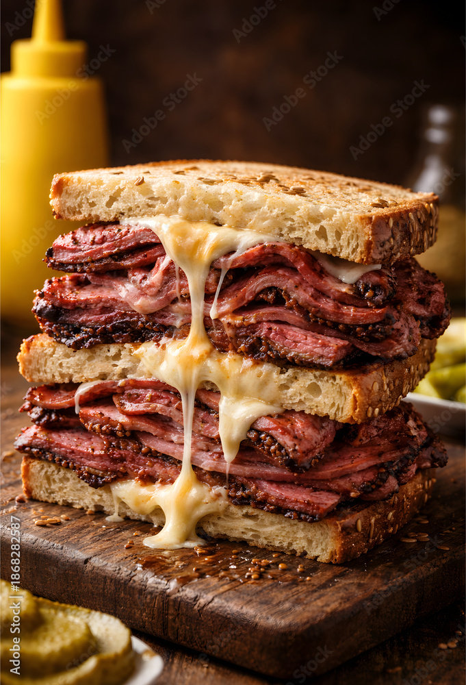 Fototapeta premium Hearty double-stacked deli sandwich with layers of tender pastrami or corned beef, melted cheese, and whole grain bread on a rustic cutting board. Perfect for food blogs, menus, or culinary promotions