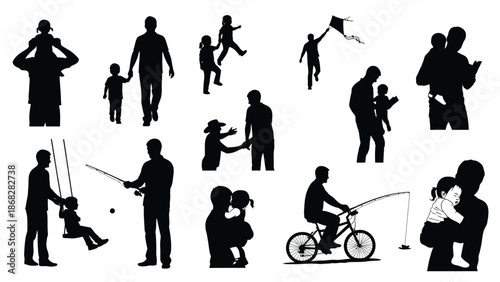 Black silhouettes of people and children in various playful and loving moments on white background for design with people silhouette and family silhouette
