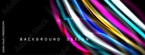 Abstract vibrant lines overlap black background. Modern design features bright colors, dynamic flow, elegant curves.