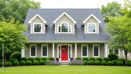 Beautiful two-story family home with gray roof and tan siding, red front door, manicured green lawn, lush green trees and bushes, purple lavender plants, and white trim on windows and columns, bright 