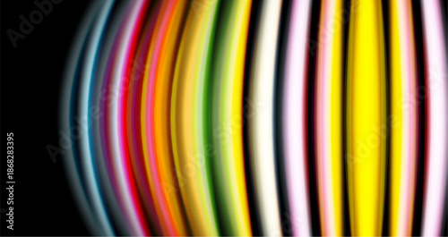 Abstract colorful stripes form curved pattern against black background. Bright hues create dynamic visual effect.