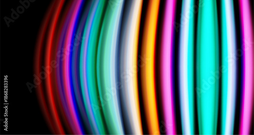 Colorful stripes form abstract waves. Bright hues blend, creating dynamic visual effect. Smooth gradients suggest movement, depth.