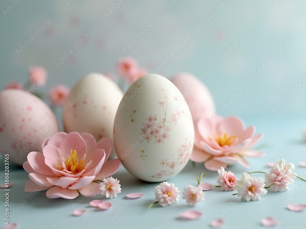 Fototapeta premium White Easter Eggs with Pink Speckles and Flowers on Soft Blue Background