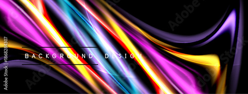 Abstract colorful lines flow across black space. Vibrant shades create dynamic, modern visual effect. Smooth gradients suggest movement.