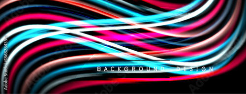 Vibrant abstract waves, neon colors, dynamic lines. Black background creates strong visual contrast, modern design element.
