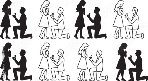 Isolated valentine proposal silhouette collection, valentine proposal silhouette icon set, romantic couple engagement valentine love story design, wedding proposal vector branding illustration