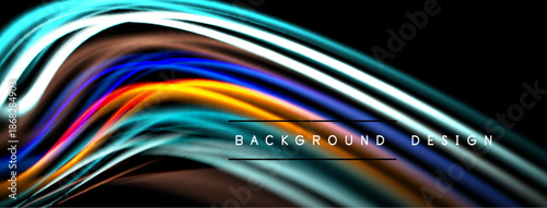 Abstract colorful lines flow across black background. Dynamic shapes create modern visual effect. Bright hues blend seamlessly.