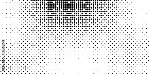 Abstract black and white halftone background featuring a dynamic pattern of dotted gradients. The varying dot sizes create a smooth transition and modern texture,