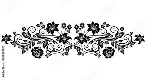 Elegant black floral design featuring roses lilies and swirling botanical elements