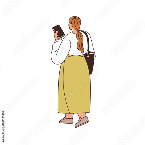 Woman walking, holding mobile phone in hands. Female looking at smartphone sc...