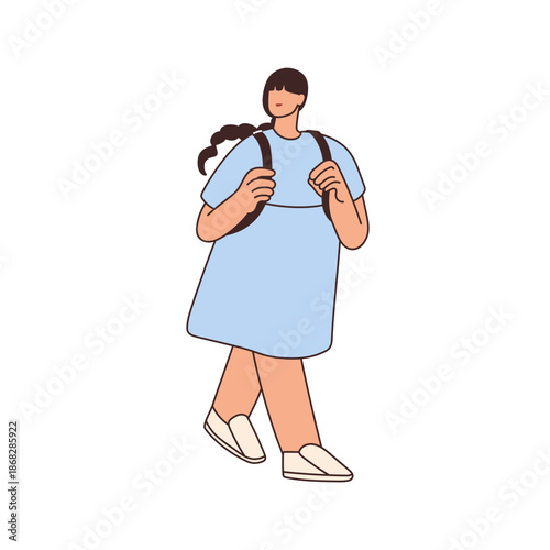 Girl walking outdoors. Young woman in summer dress with bag, backpack, holding straps. Female going, enjoying stroll on urban street. Flat vector illustration isolated on white background