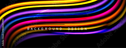 Abstract colorful lines flow across black background. Bright shades create dynamic visual effect. Text reads background design.