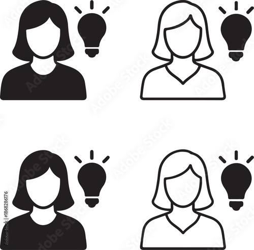 Isolated female innovation icon, woman innovation lightbulb symbol, creative idea vector design, minimal illustration, women empowerment branding, innovation leadership design