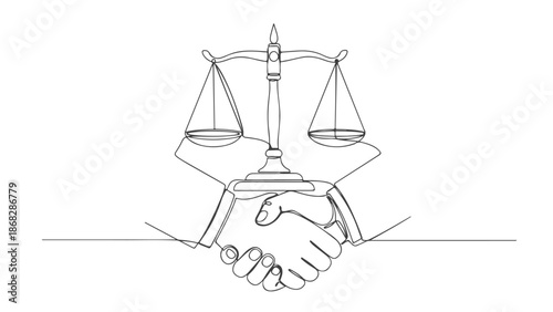 Continuous one line art vector illustration of a handshake beneath scales of justice, representing the concept of legal agreement and fair deal