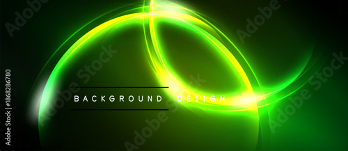 Abstract green neon lines form dynamic curves. Dark background enhances glowing effect. Text reads background design. Simple, modern visual.
